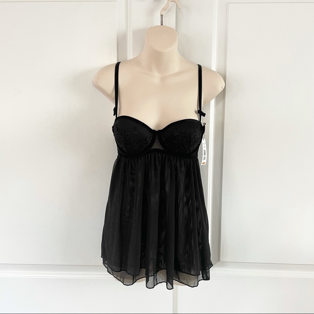 NWT GORGEOUS SEXY BABYDOLL BLACK SHEER LACE  LINGERIE